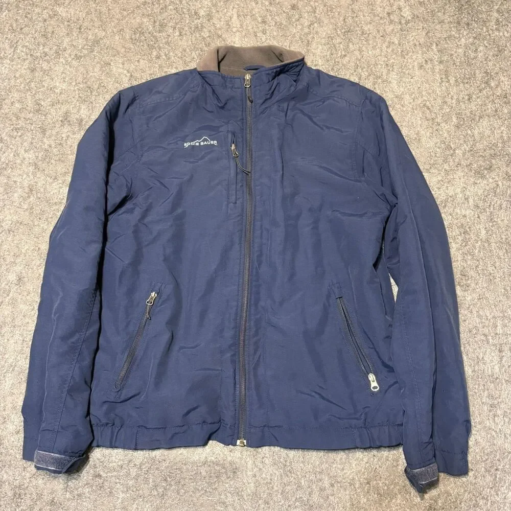 Eddie Bauer Mens Fleece Lined Harrington Jacket Size L Blue Nylon Full Zip Logo